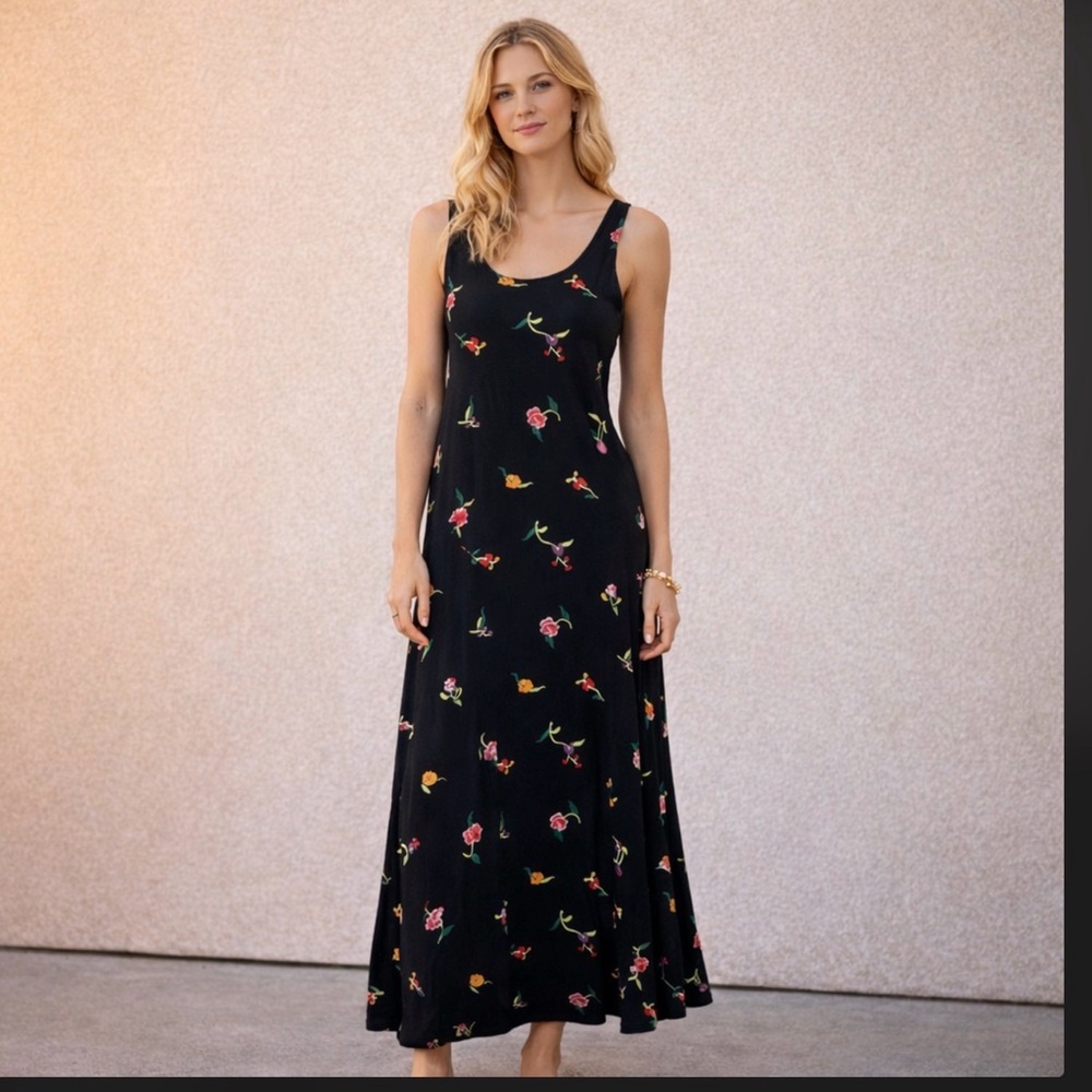 Vintage Norma Kamali Black Floral Maxi Dress 90s Minimalist Designer Dress